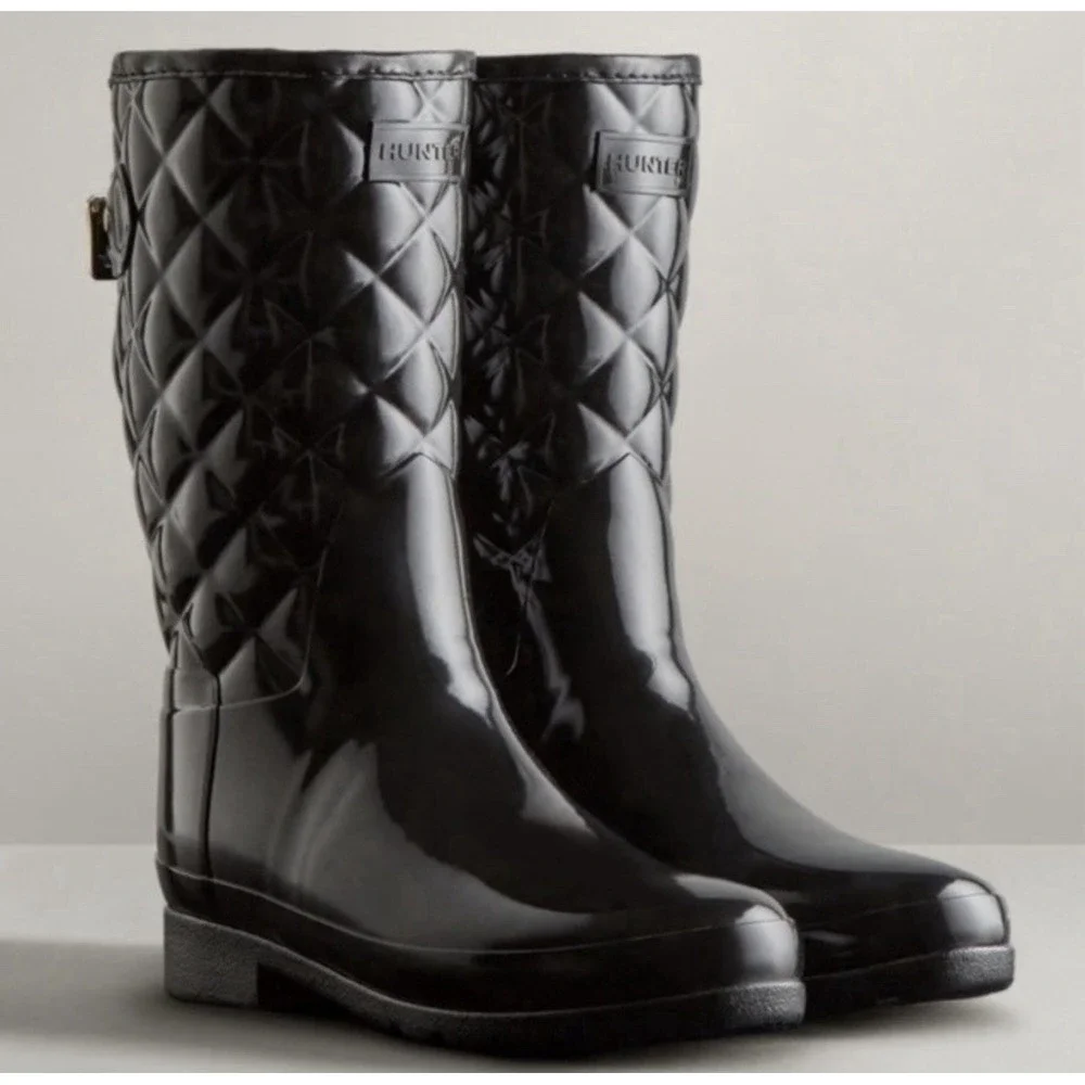 Hunter Refined Black Gloss Quilted Short Rain Boots Women's US 5 EU 36‎ Pull On